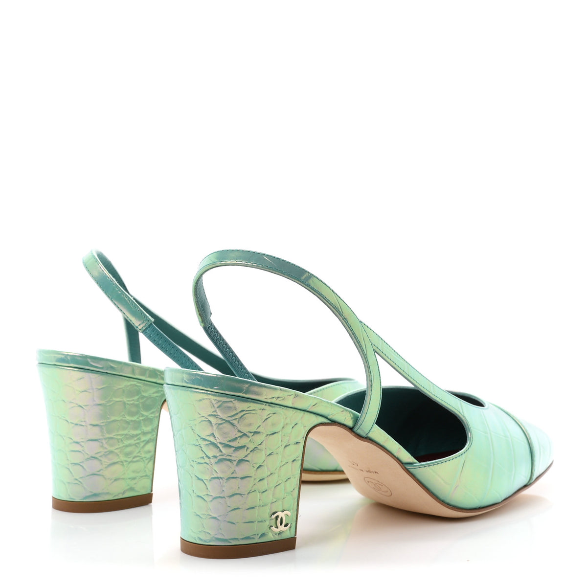 Iridecent Calfskin Crocodile Embossed CC Cap Toe CC Slingback Pumps 41 Green