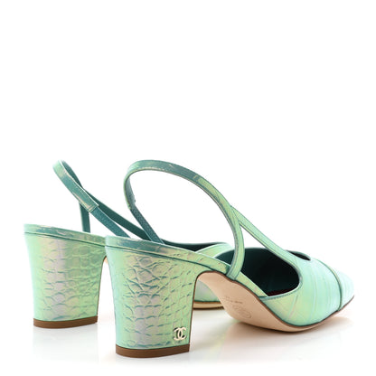 Chanel Iridecent Calfskin Crocodile Embossed CC Cap Toe CC Slingback Pumps 41 Green 5 of 10