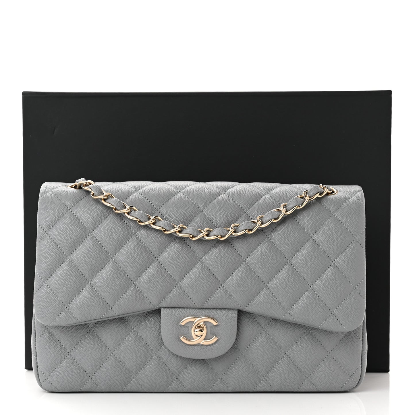 Caviar Quilted Jumbo Double Flap Grey