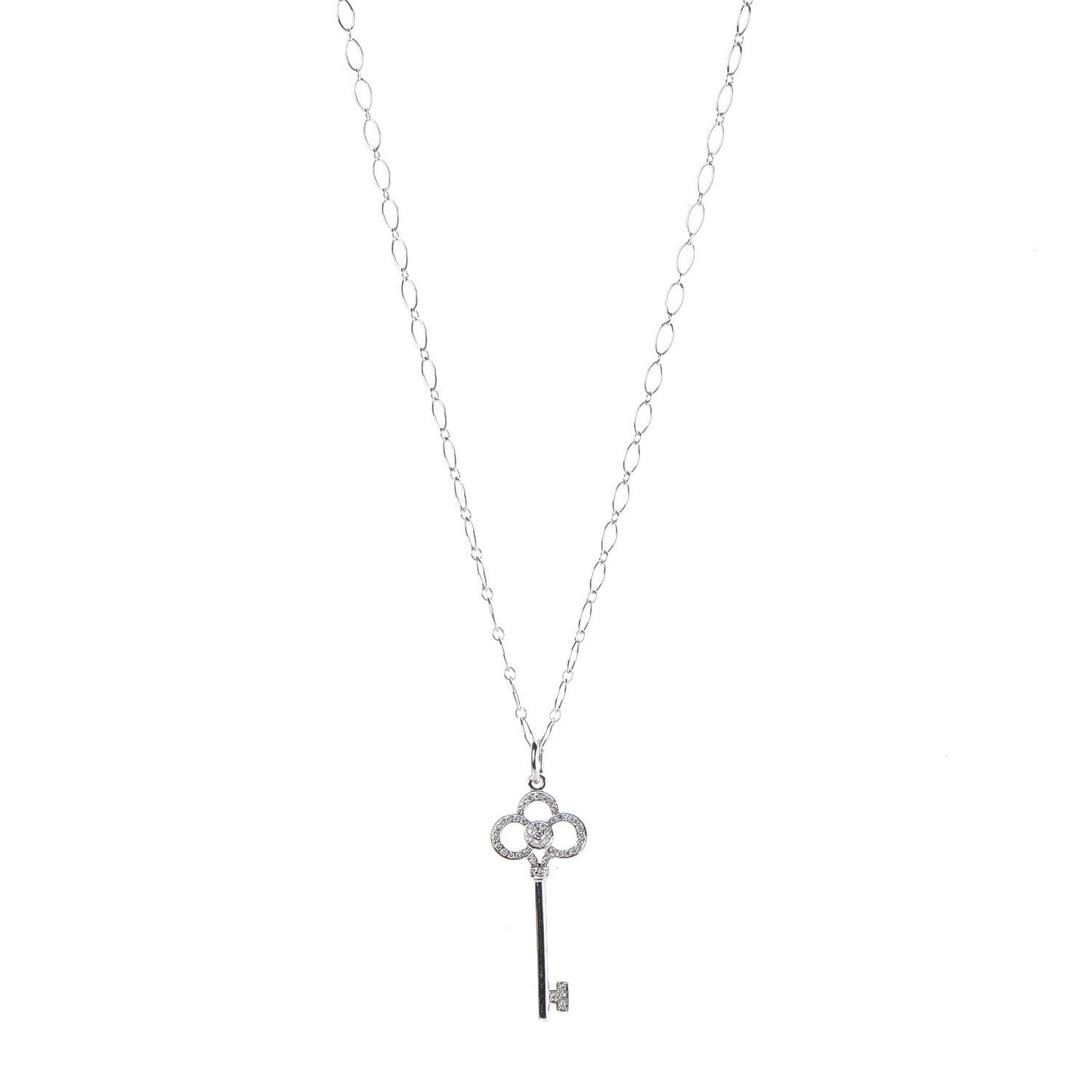18K White Gold Diamond Crown Key Pendant Necklace