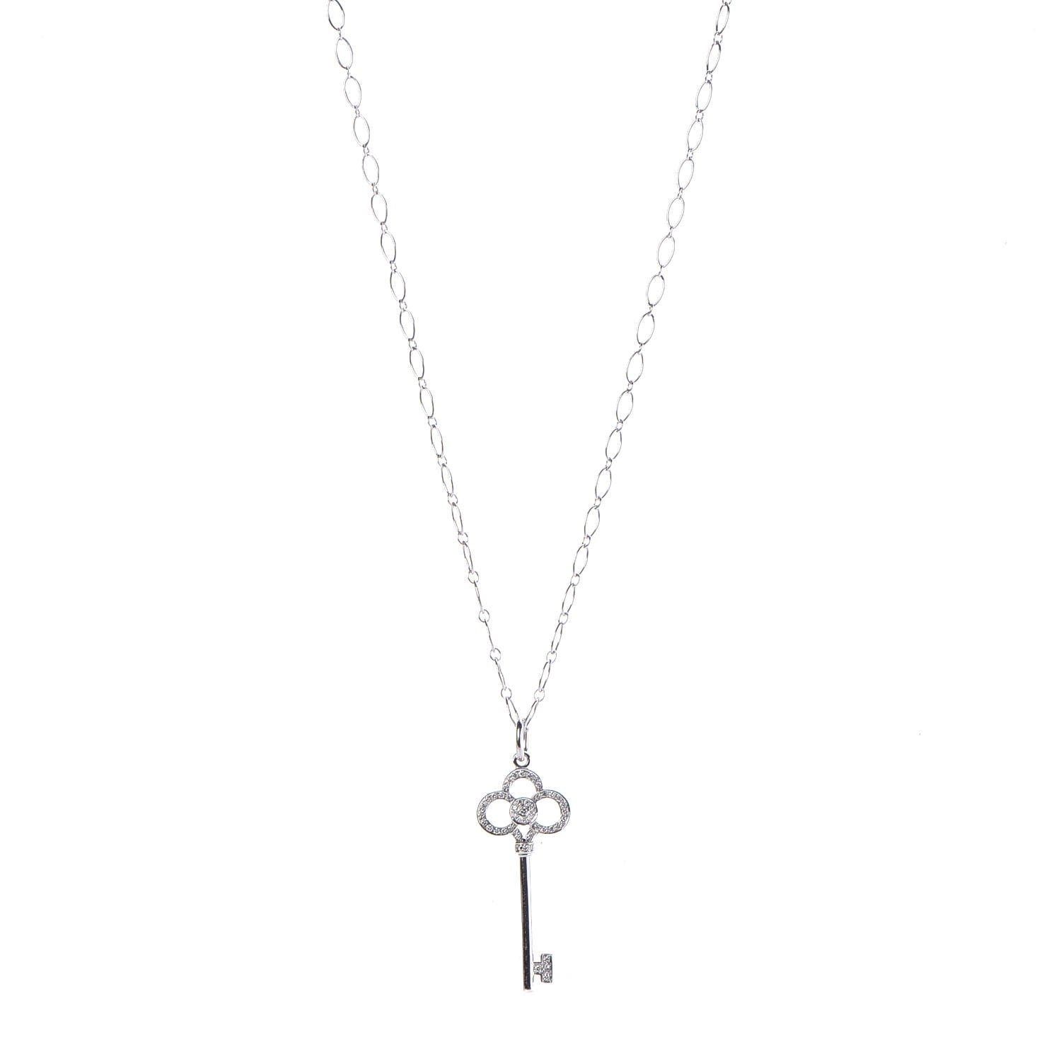 Tiffany 18K White Gold Diamond Crown Key Pendant Necklace 1 of 6