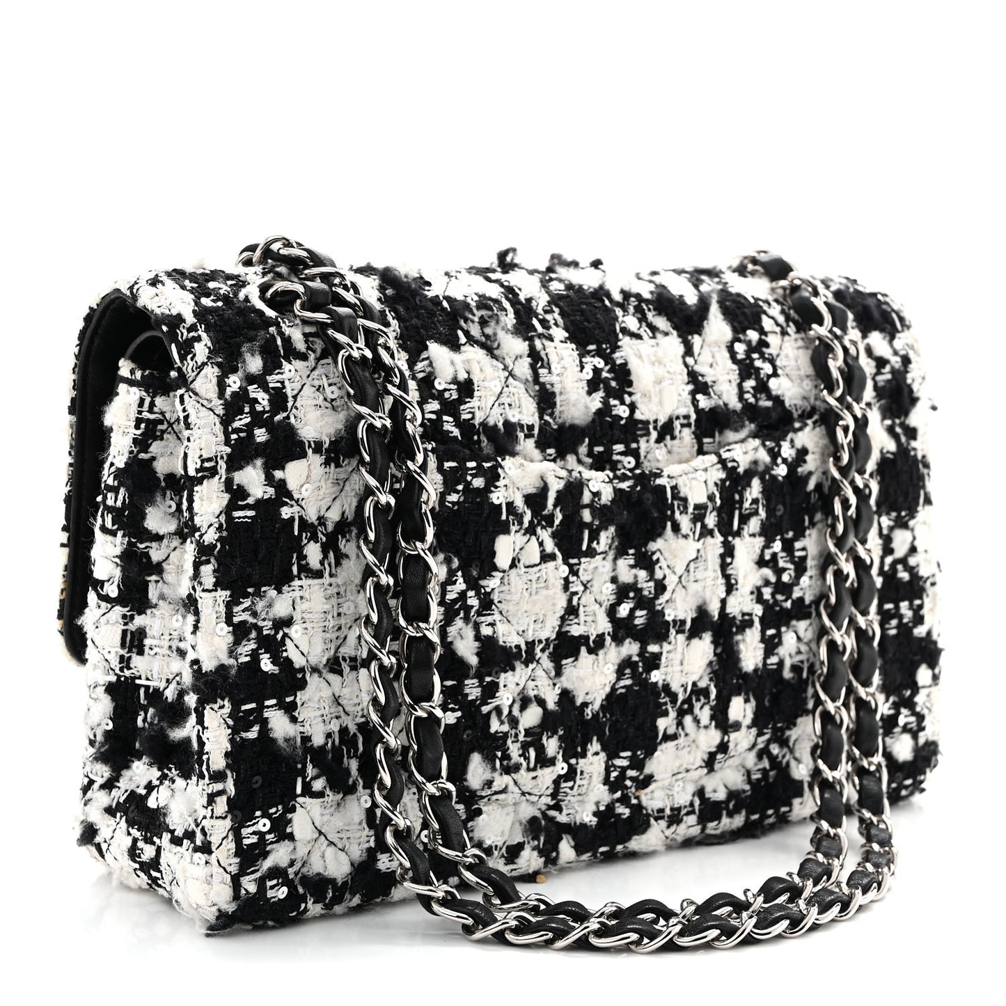 Tweed Sequin Quilted Medium Double Flap Black White