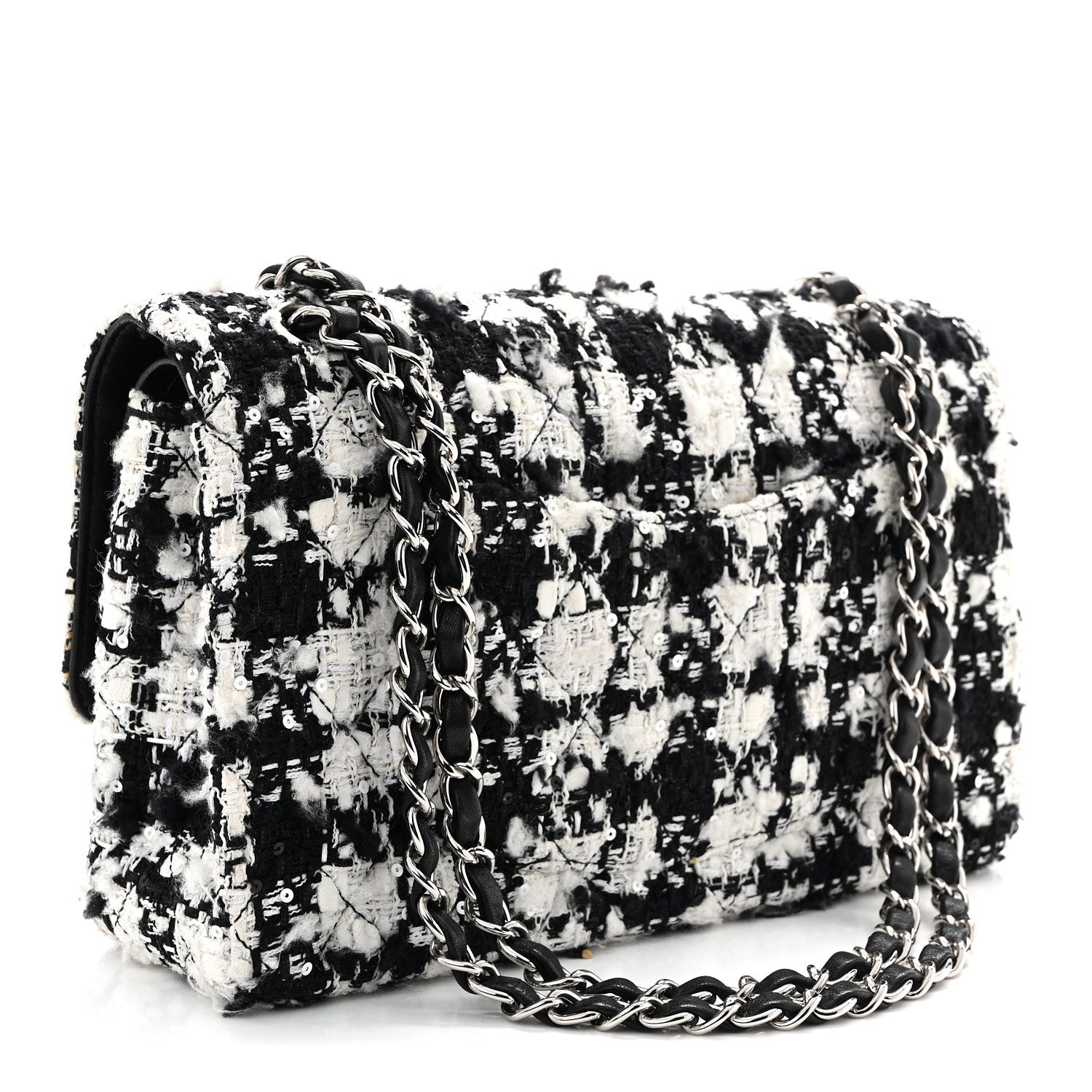 Chanel Tweed Sequin Quilted Medium Double Flap Black White 3 of 10