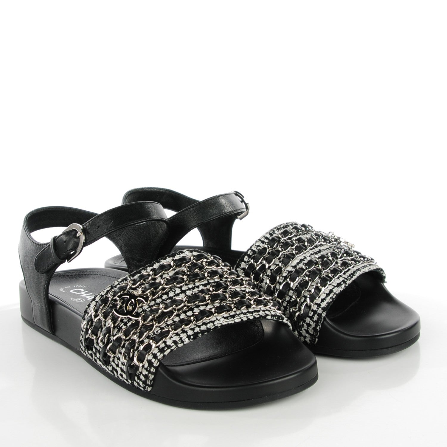 Chanel Tweed Lambskin Chain Flat Sandals 38 Black White 3 of 9