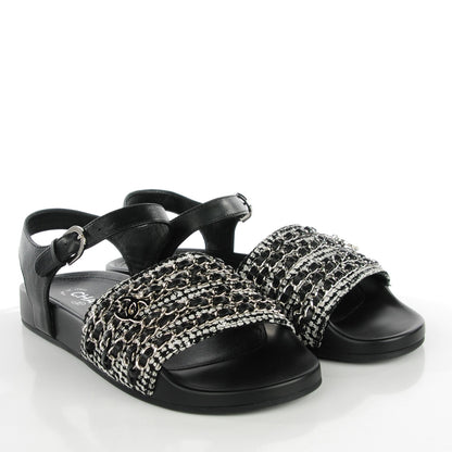 Chanel Tweed Lambskin Chain Flat Sandals 38 Black White 3 of 9