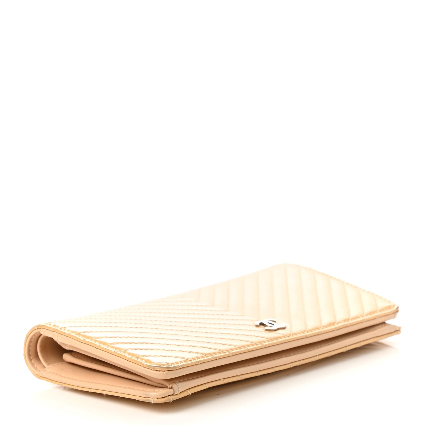 Patent Chevron Quilted Yen Wallet Beige