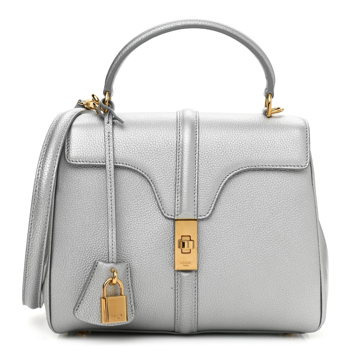 Celine Laminated Grained Calfskin Small 16 Top Handle Bag Silver 1 of 17