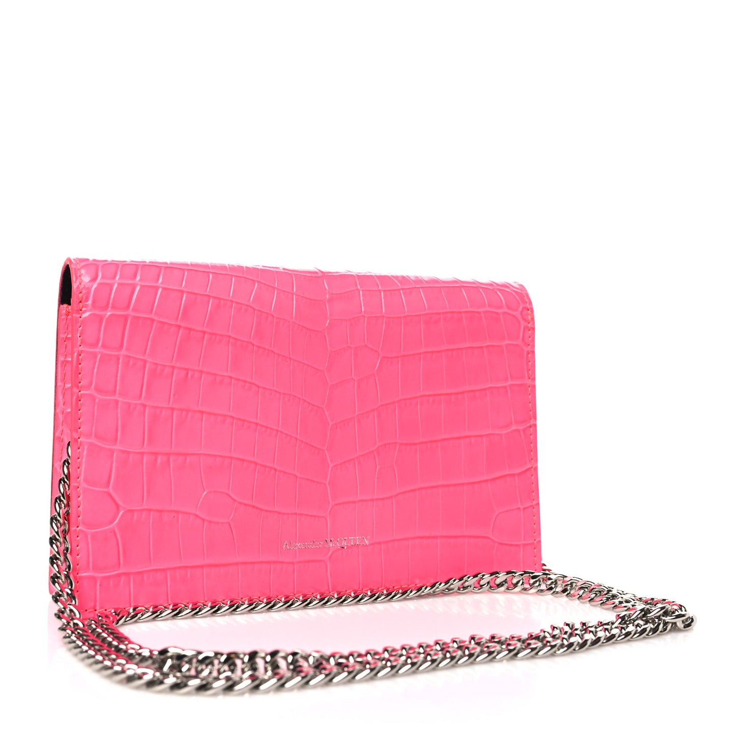 Calfskin Crocodile Embossed Skull Mini Crossbody Bag Neon Pink