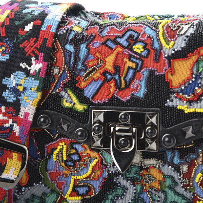 Valentino Garavani Calfskin Beaded Medium Guitar Strap Rockstud Rolling Flap Saddle Bag Black 9 of 9
