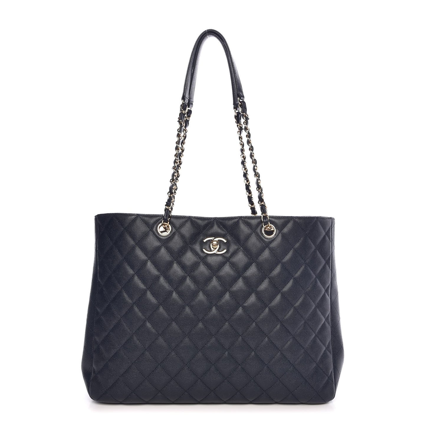 Metallic Caviar Quilted Large Classic Shopping Tote Navy