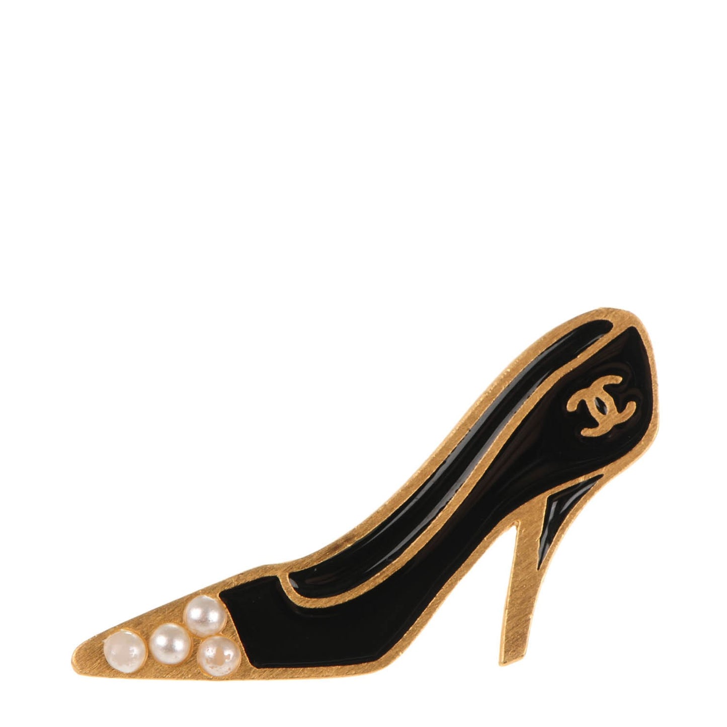 Enamel Pearl CC Pump Brooch Black Gold