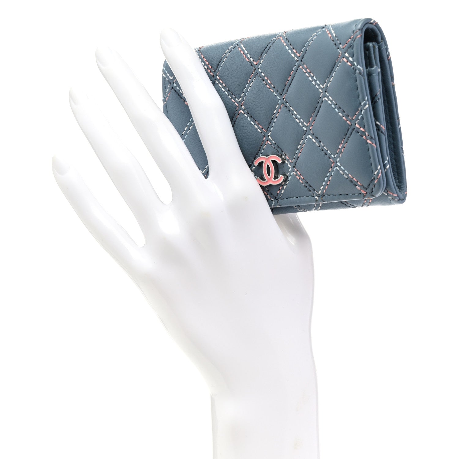 Chanel Lambskin Double Stitch Quilted Flap Card Holder Light Blue 2 of 8