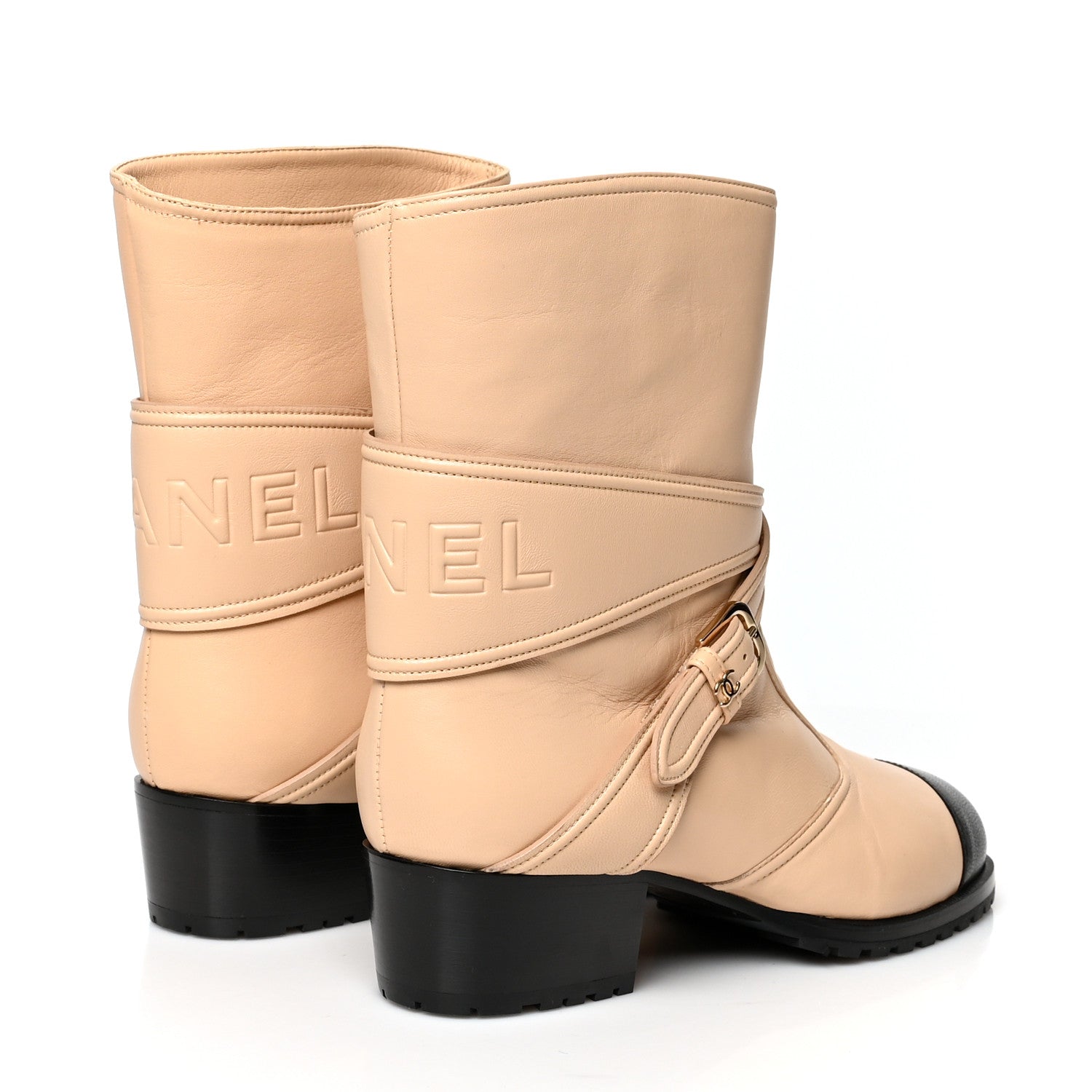 Chanel Lambskin Logo Cap Toe Short Boots 37.5 Beige Black 4 of 8