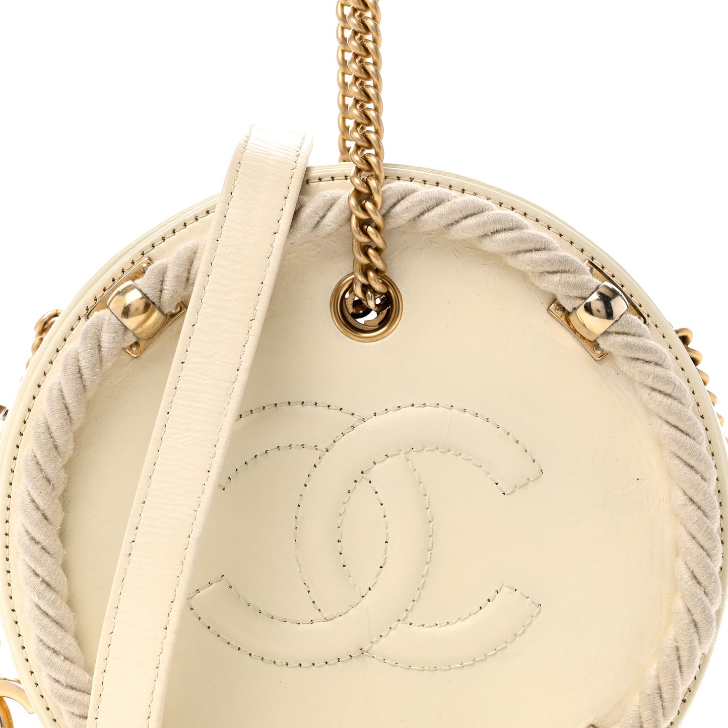 Crumpled Calfskin Cotton Small En Vogue Round Bag White