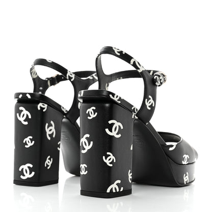 Chanel Printed Lambskin CC Platform Sandals 38 Black White 4 of 9