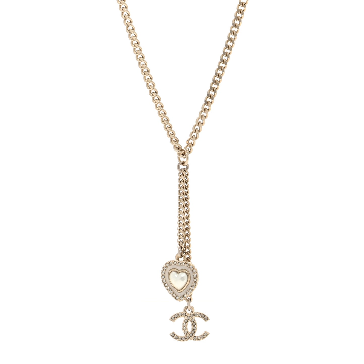 Crystal Pearl CC Heart Drop Necklace Silver White