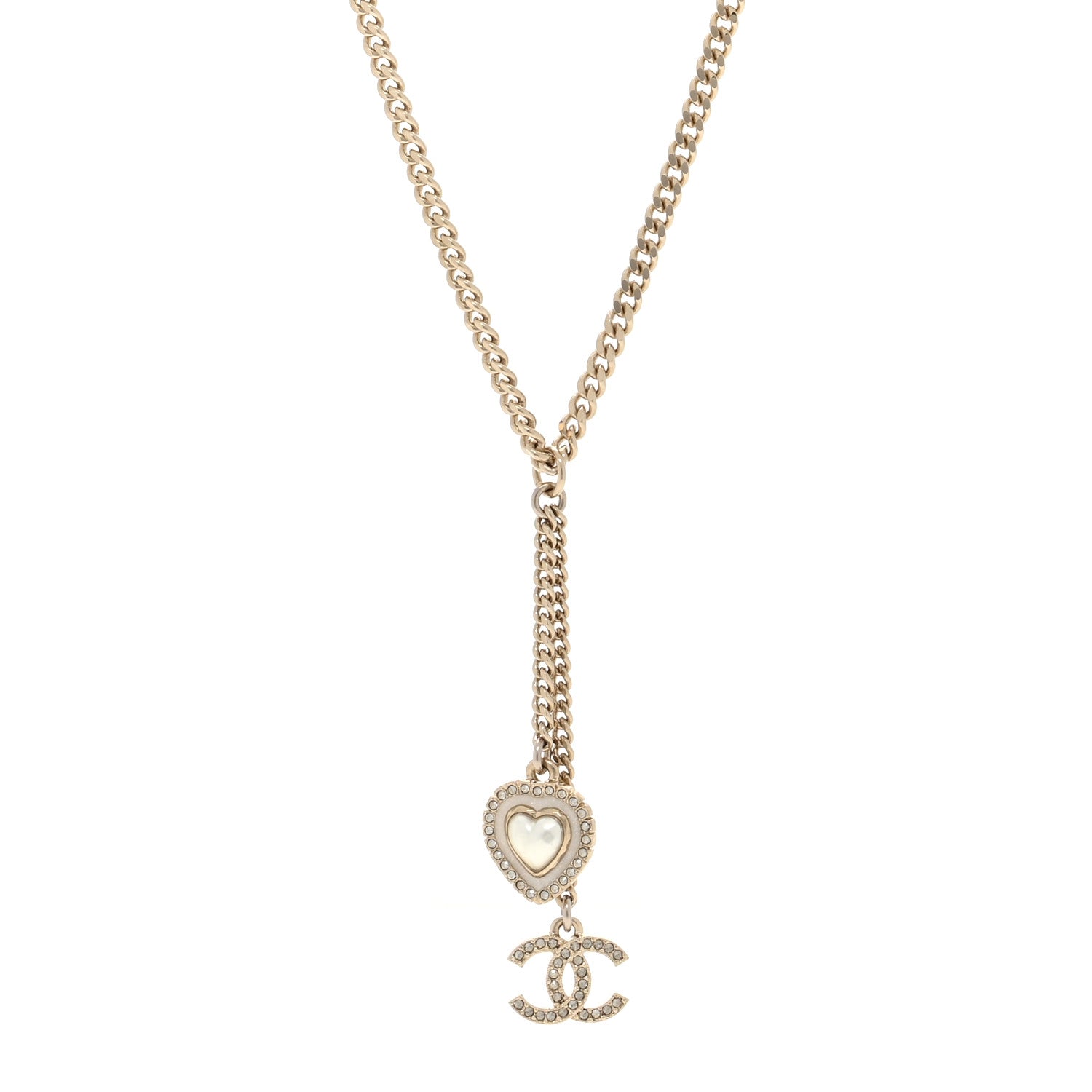 Chanel Crystal Pearl CC Heart Drop Necklace Silver White 1 of 5