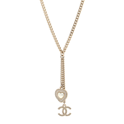 Chanel Crystal Pearl CC Heart Drop Necklace Silver White 1 of 5