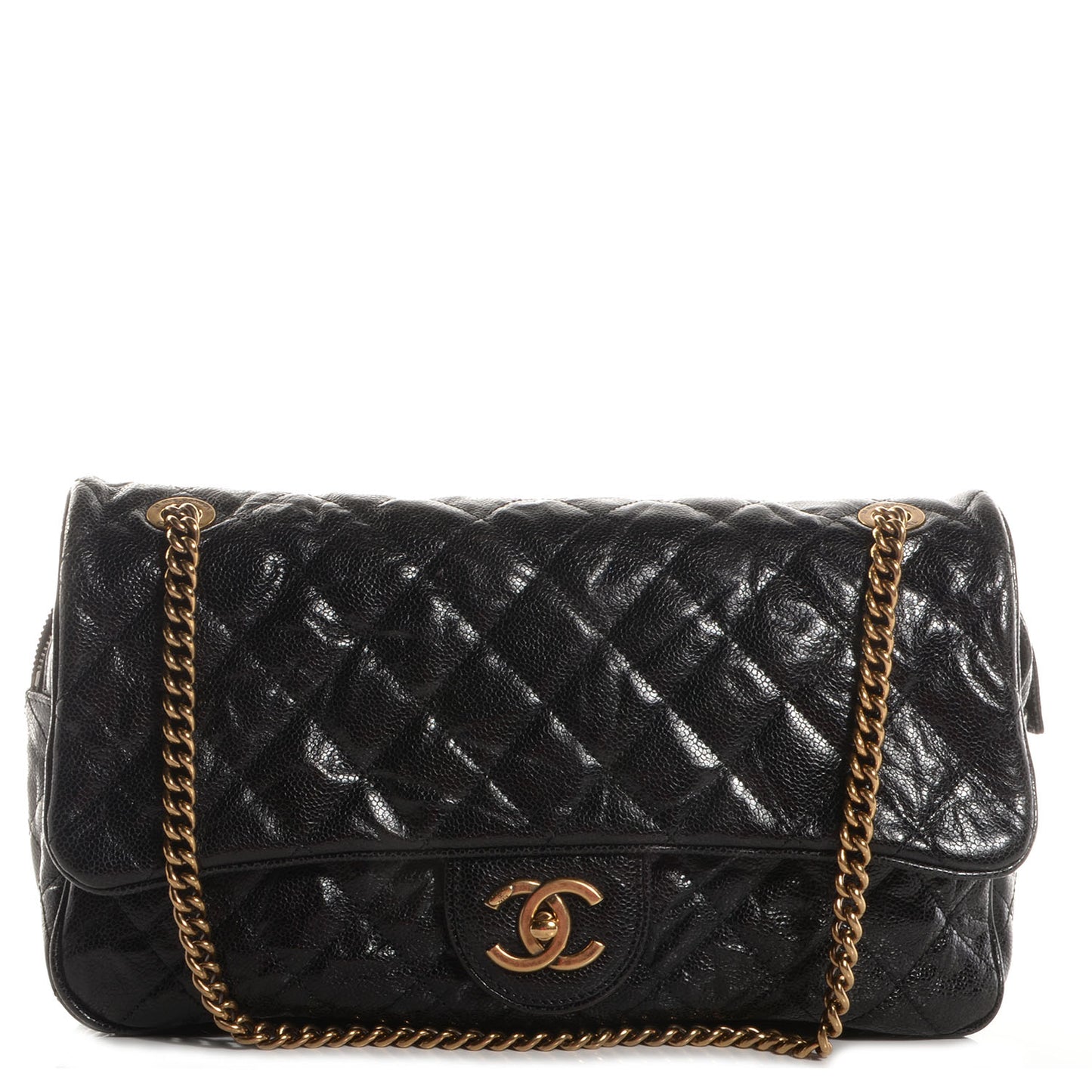 Crumpled Grained Calfskin Quilted Large Shiva Flap Black