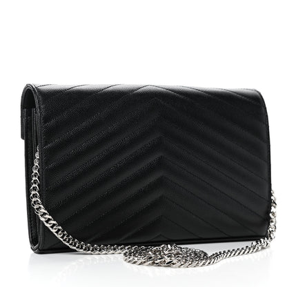 Saint Laurent Grain De Poudre Matelasse Chevron Monogram Chain Wallet Black 2 of 4