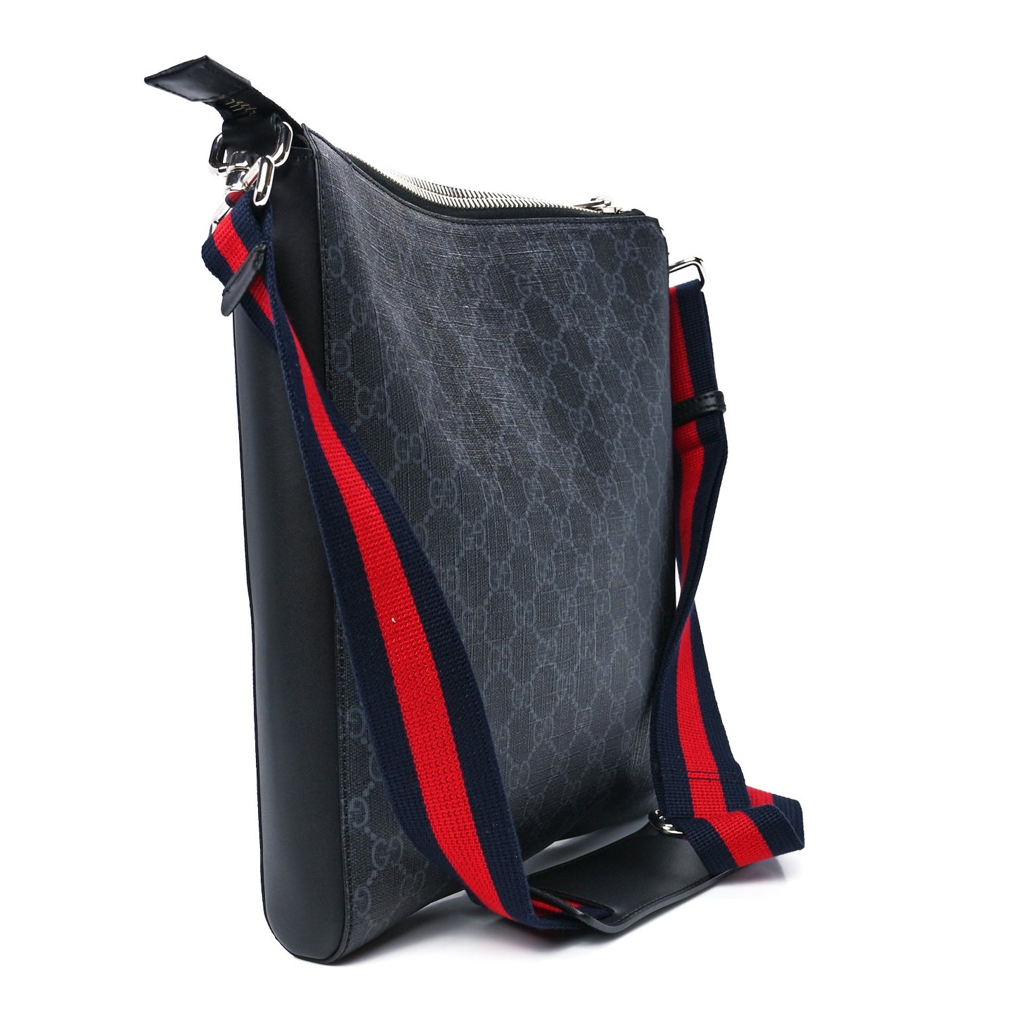 GG Supreme Monogram Appia Calfskin Web Flat Messenger Bag Black Grey