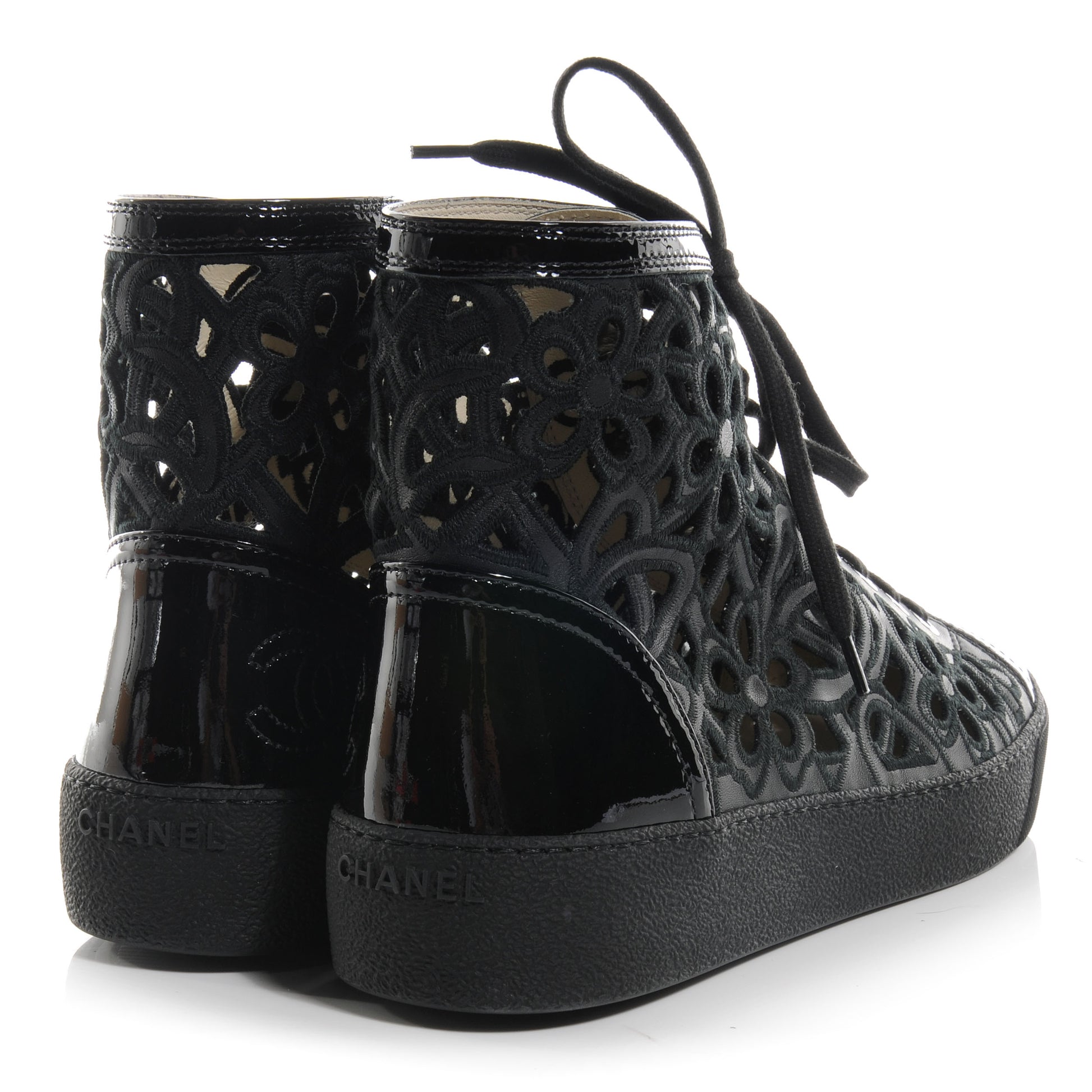 Chanel Patent Grained Goatskin Hollow Out Flower Sneakers 39 Black 4 of 6