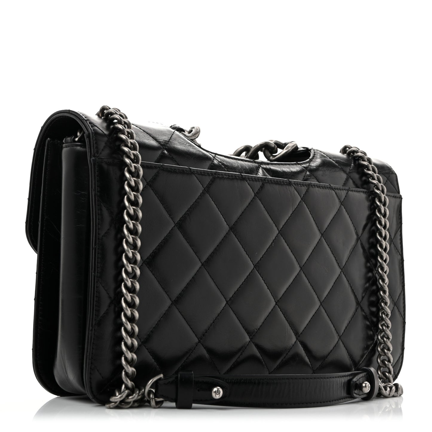 Glazed Calfskin Quilted Large Perfect Edge Flap Black
