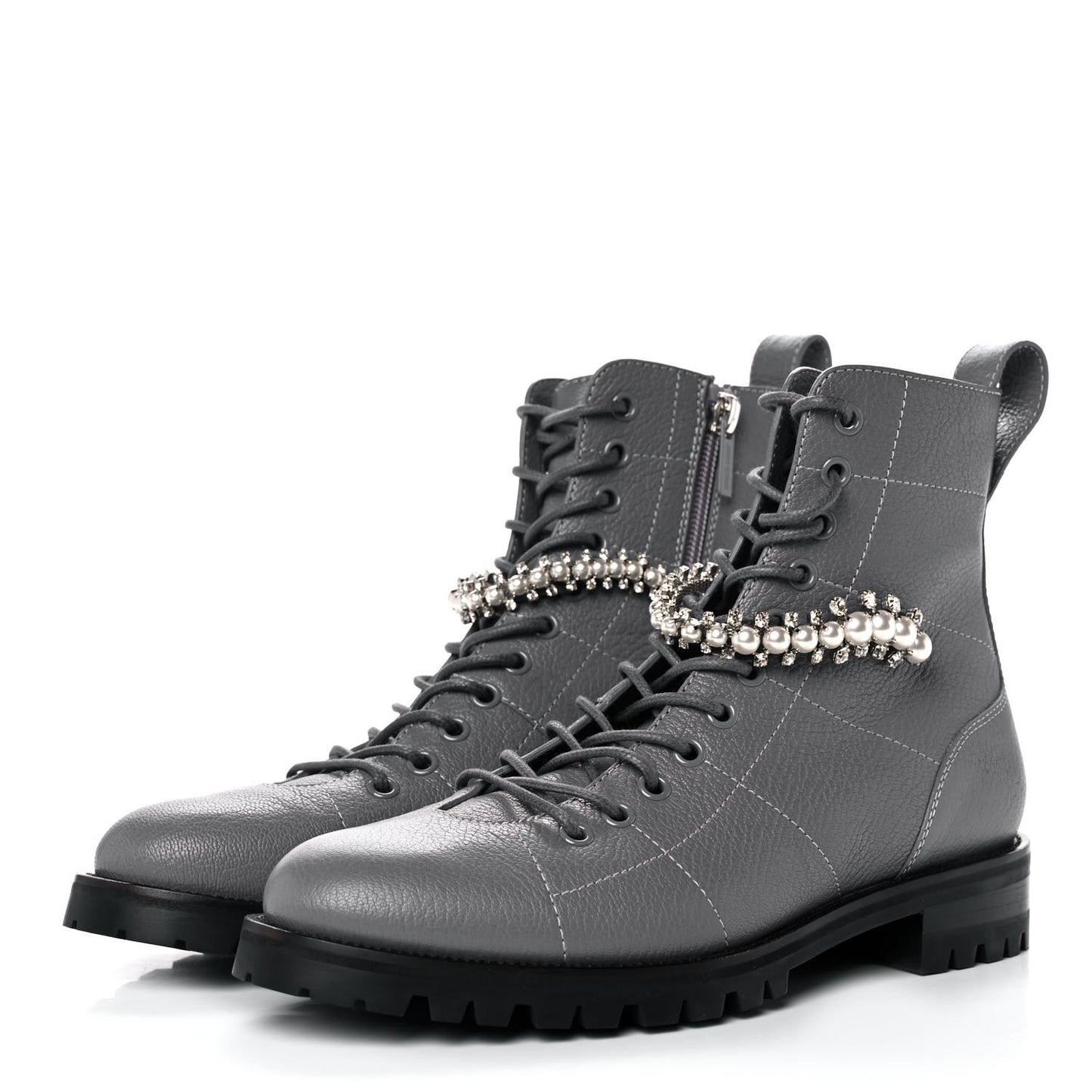 Grained Calfskin Crystal Embellished Cruz Combat Boots 38.5 Grey