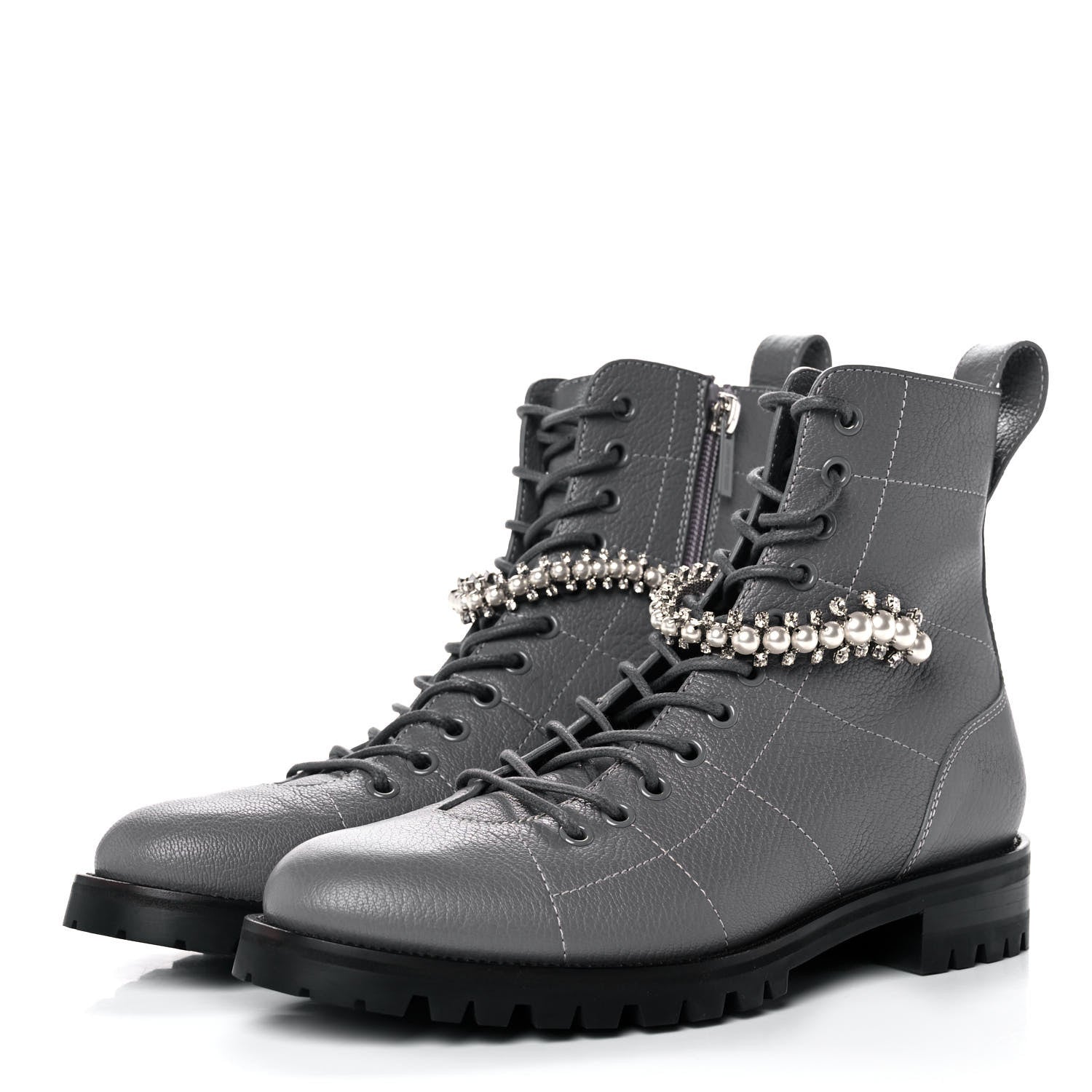 Jimmy Choo Grained Calfskin Crystal Embellished Cruz Combat Boots 38.5 Grey 3 of 8