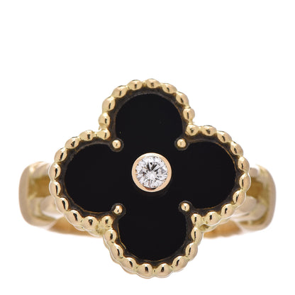 Van Cleef & Arpels 18K Yellow Gold Black Onyx Diamond Vintage Alhambra Ring 47 4 1 of 5
