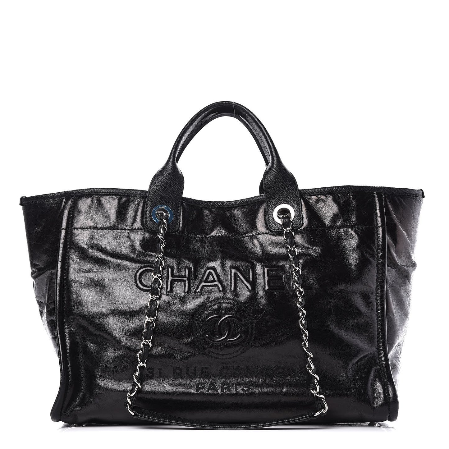 Glazed Calfskin Large Deauville Tote Black
