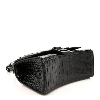 Balenciaga Shiny Calfskin Monochrome Crocodile Embossed Hourglass Top Handle Bag XS Black 4 of 11