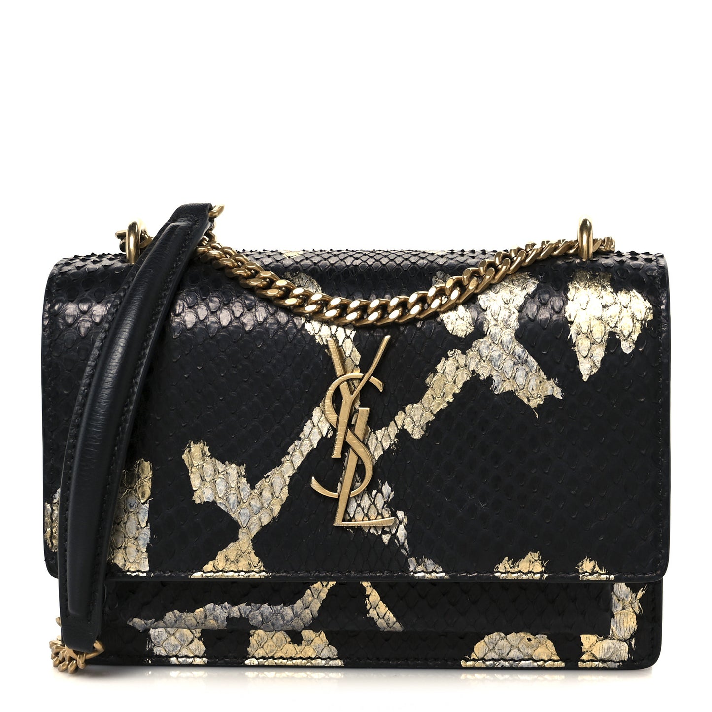 Snakeskin Monogram Sunset Chain Wallet Black Gold Silver