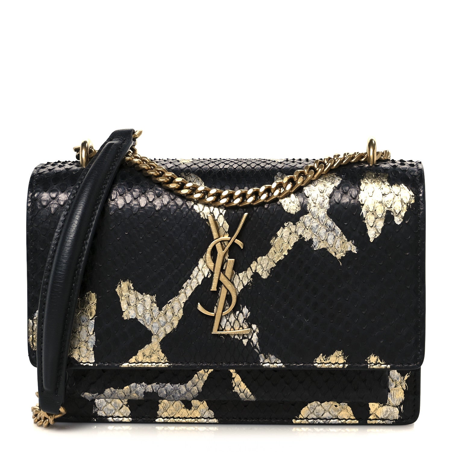 Saint Laurent Snakeskin Monogram Sunset Chain Wallet Black Gold Silver 1 of 11