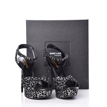 Saint Laurent Velvet Glitter Leopard Print Platform Sandals 40 Argento Black 17 of 18