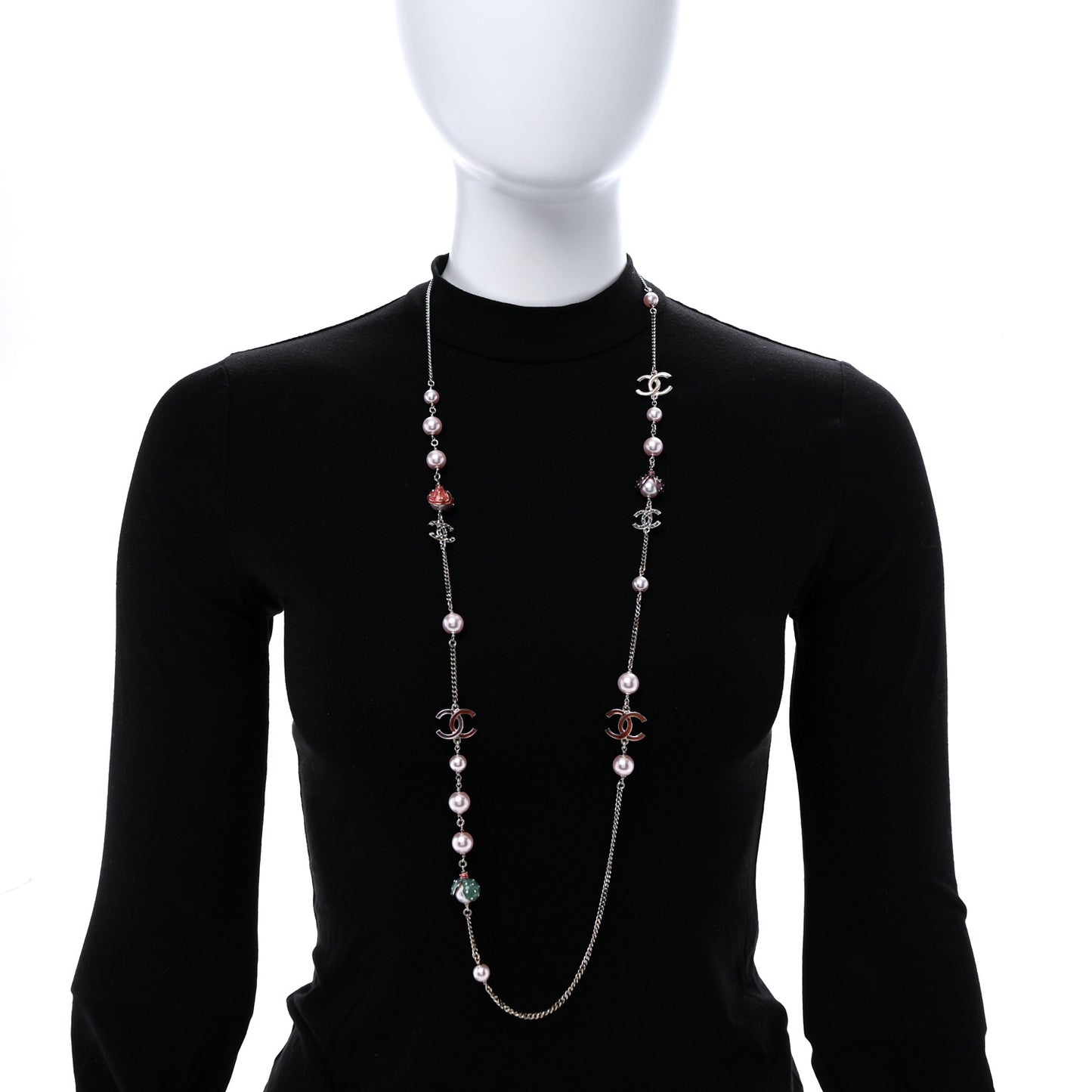 Pearl Crystal Resin CC Beaded Long Necklace Gold Pink Green