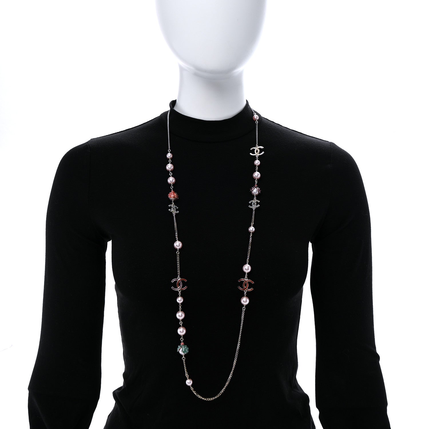Chanel Pearl Crystal Resin CC Beaded Long Necklace Gold Pink Green 2 of 7