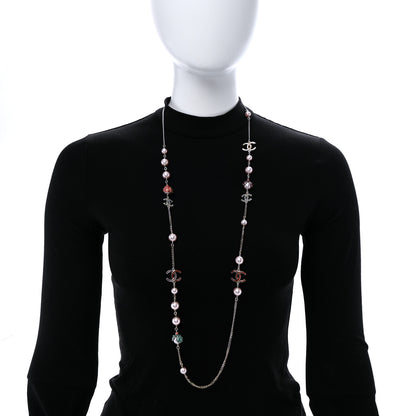 Chanel Pearl Crystal Resin CC Beaded Long Necklace Gold Pink Green 2 of 7