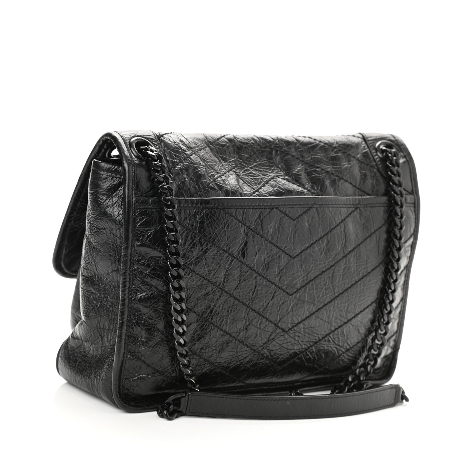 Crinkled Calfskin Matelasse Monogram Medium Niki Chain Satchel Black
