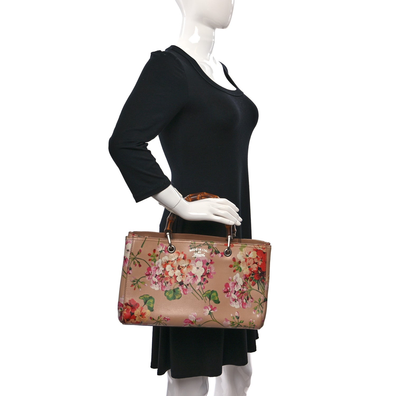 Gucci Shangai Calfskin Blooms Print Medium Bamboo Shopper Tote Pink Apricot Multicolor 2 of 9
