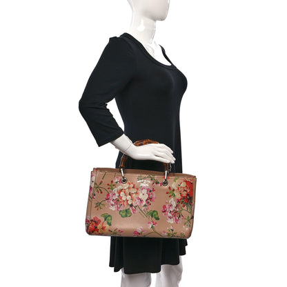 Gucci Shangai Calfskin Blooms Print Medium Bamboo Shopper Tote Pink Apricot Multicolor 2 of 9