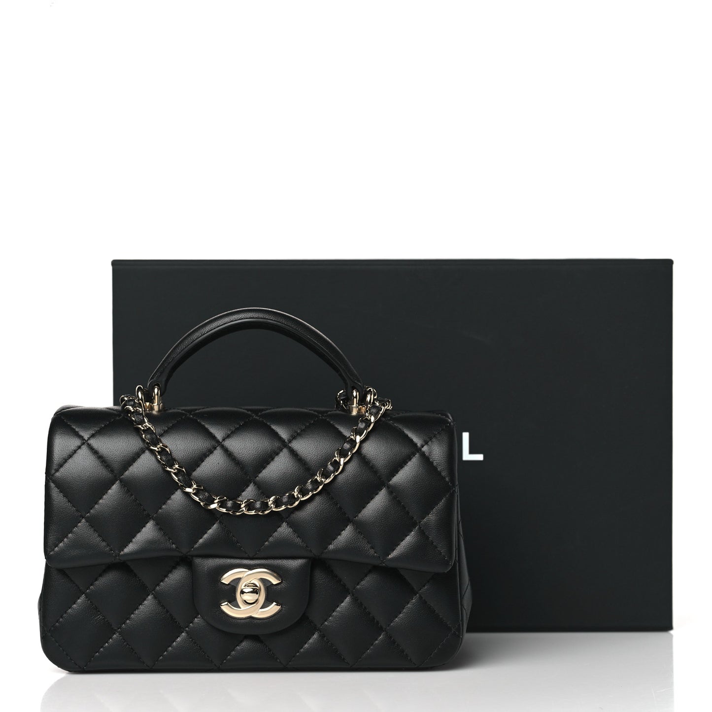 Lambskin Quilted Mini Top Handle Rectangular Flap Black