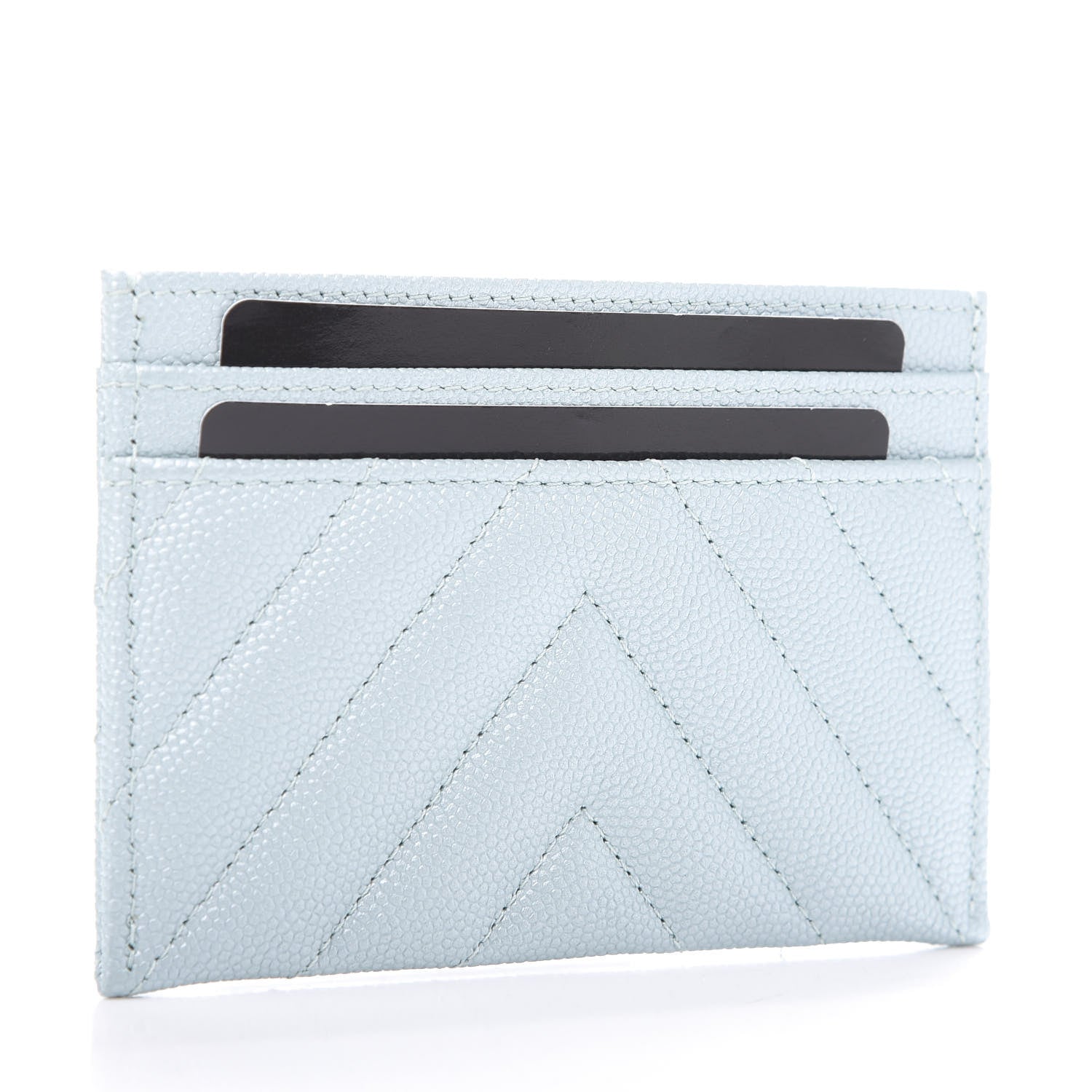 Chanel Metallic Caviar Chevron Quilted Vintage Mademoiselle Card Holder Light Blue 3 of 9