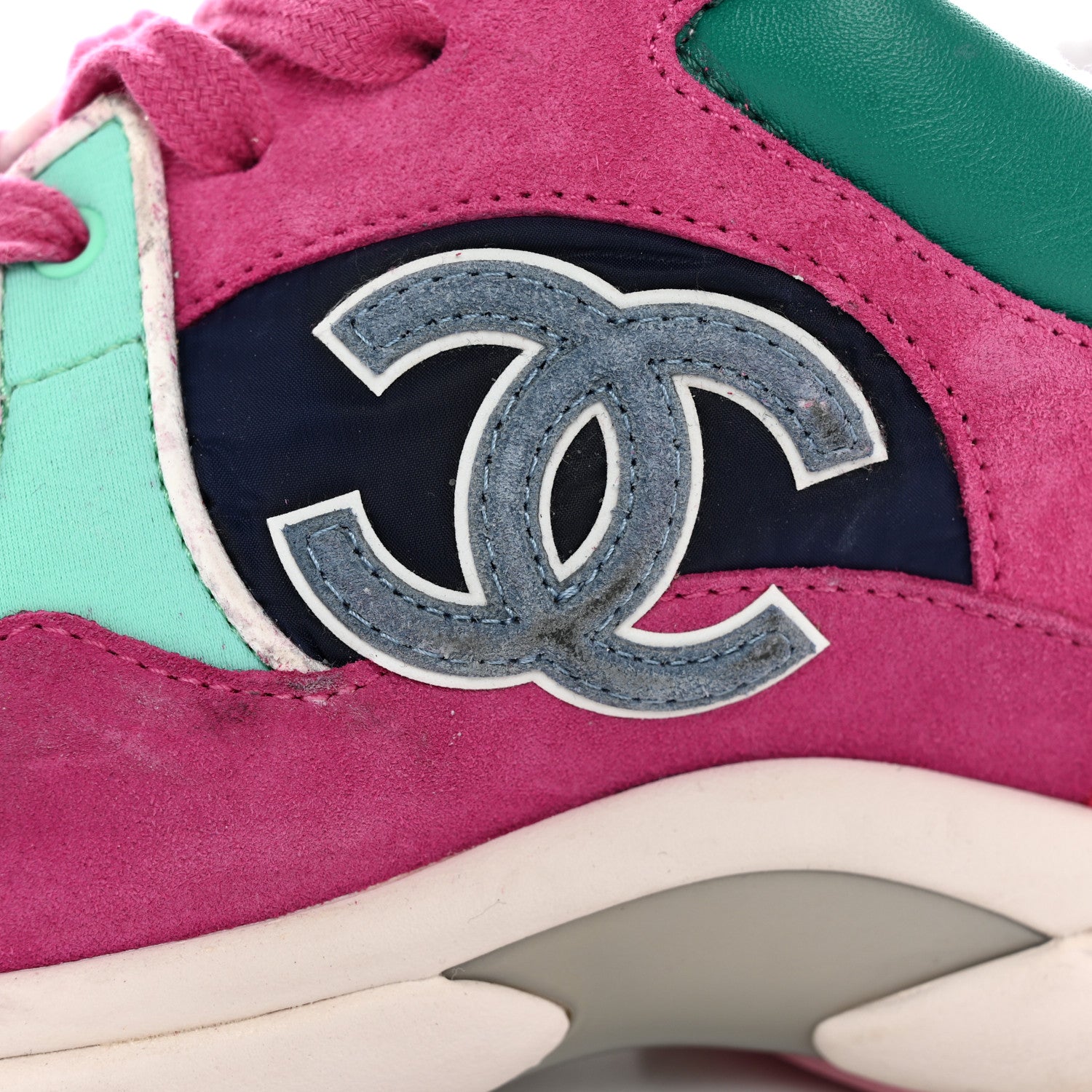 Chanel Nylon Calfskin Suede CC Sneakers 39.5 Pink Green 16 of 17