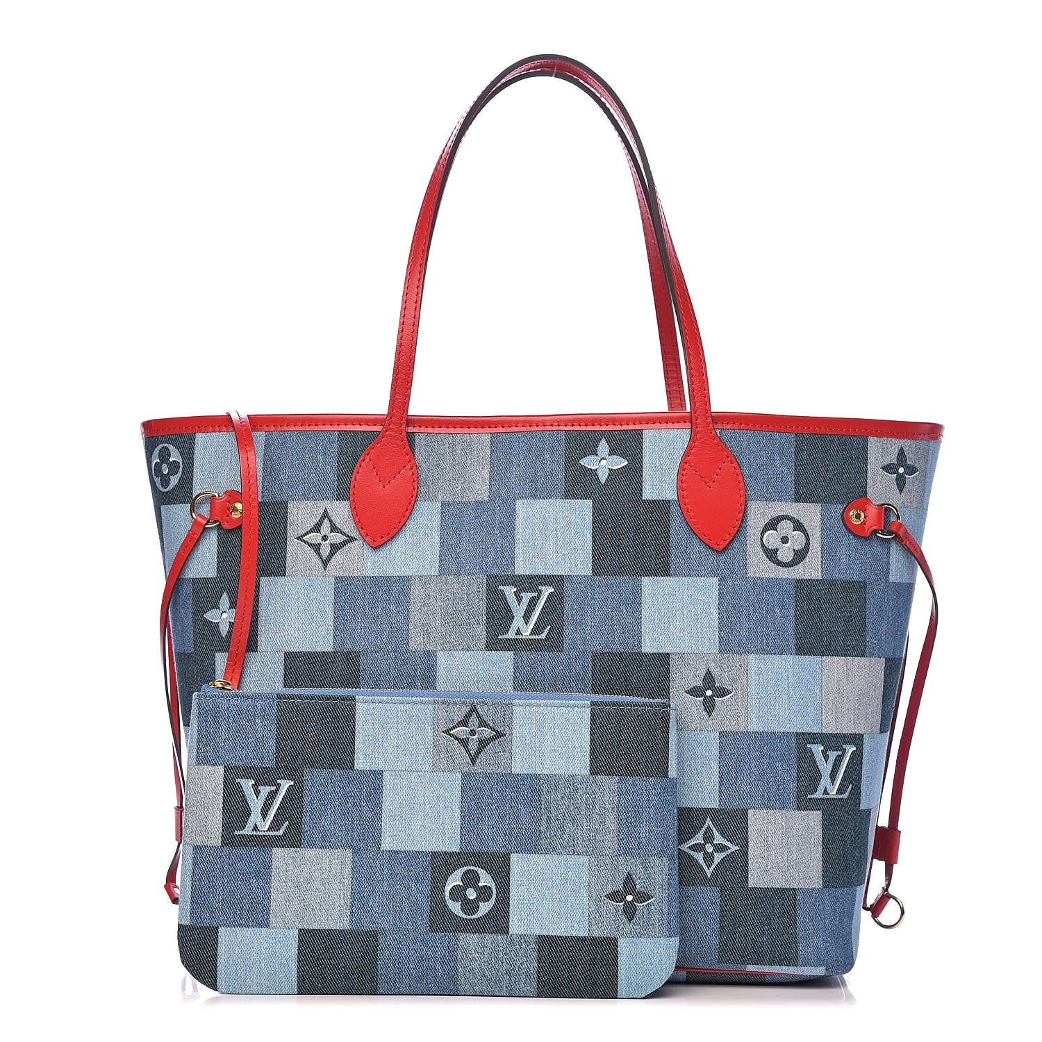 Louis Vuitton Denim Damier Monogram Patchwork Neverfull Blue Rouge 1 of 12