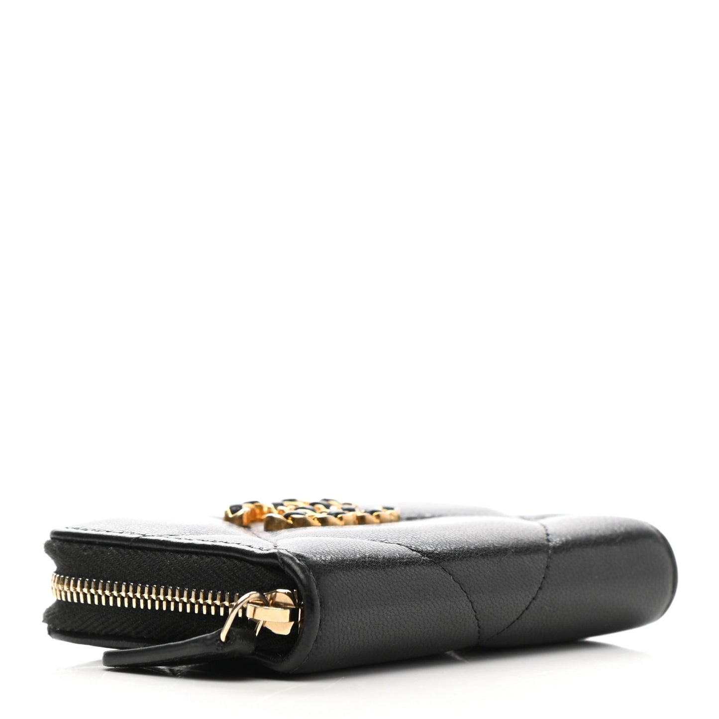 Shiny Goatskin Quilted Chanel 19 Zip Around Coin Purse Wallet Black