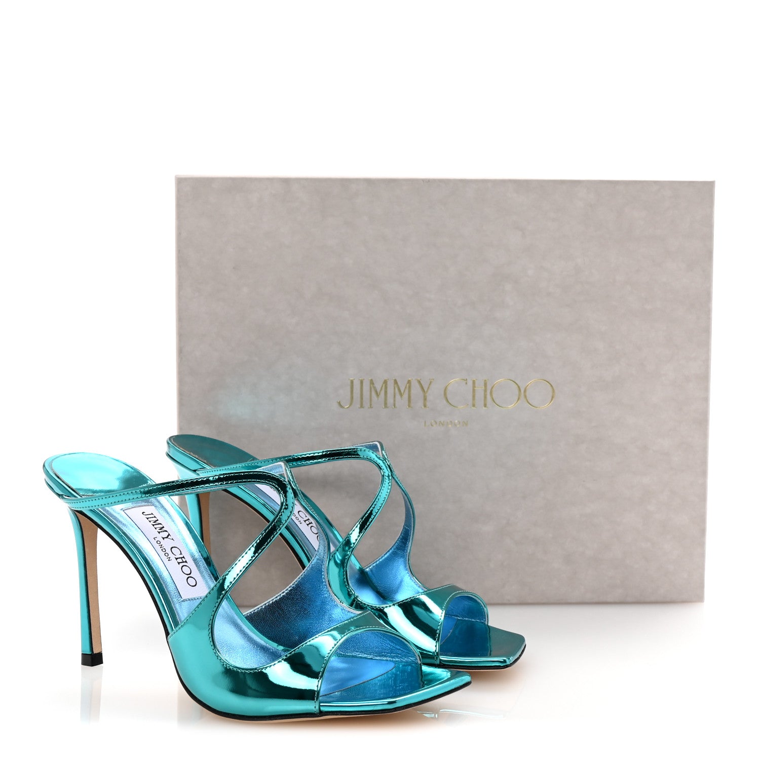 Jimmy Choo Metallic Calfskin Anise 95 Sandals 38.5 Malibu 1740830