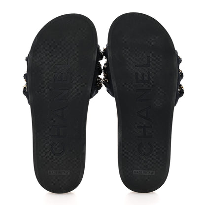 Chanel Satin Canvas Chain Slides Sandals Flats 38 Marine 6 of 12