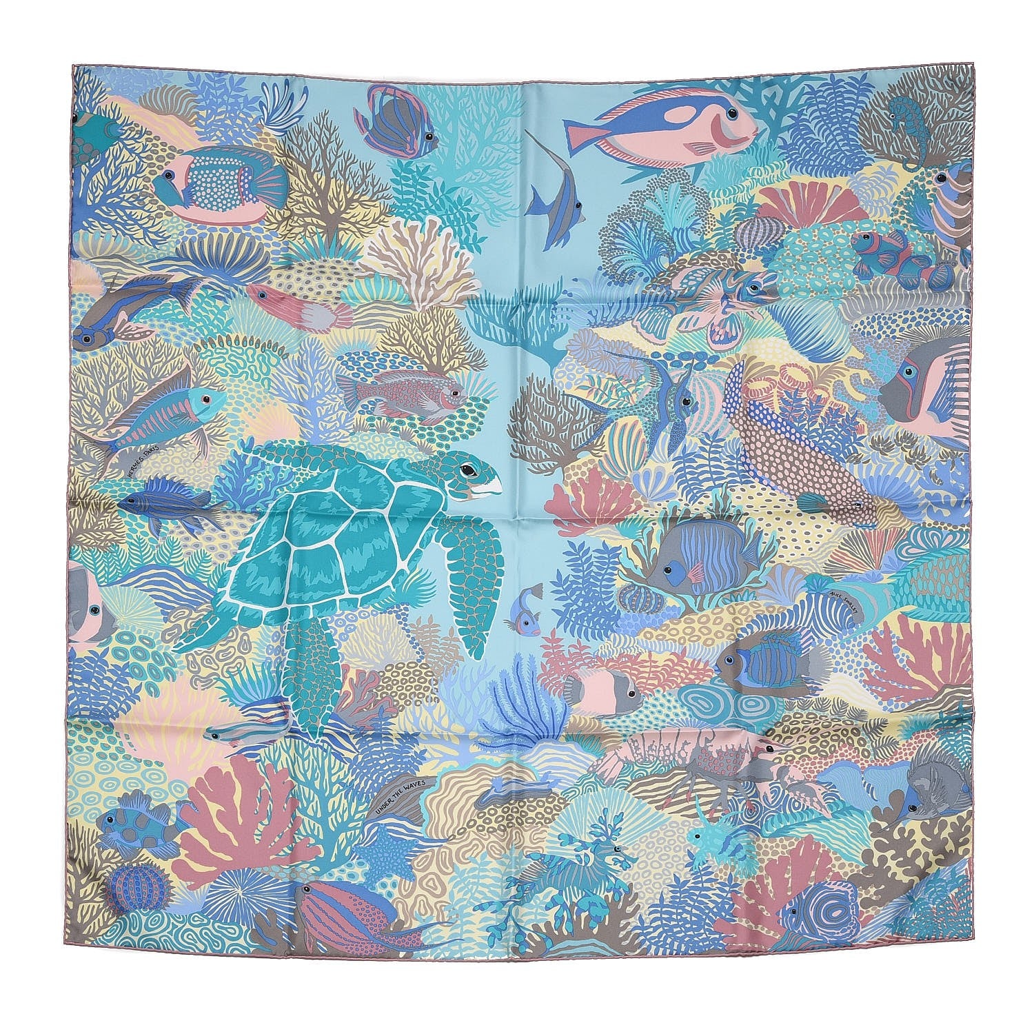 Hermes Silk Under The Waves Scarf 90 Aqua Rose Pale Turquoise 1 of 6