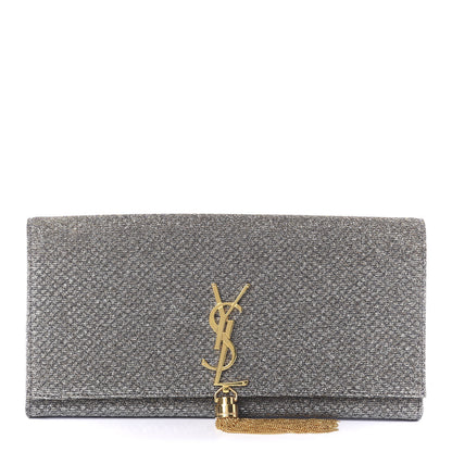 Saint Laurent Metallic Canvas Woven Classic Monogram Kate Tassel Clutch Silver Gold 1 of 7